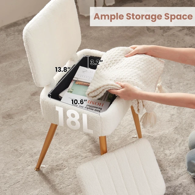 Alt view image 3 of 7 - Vanity Chair with Storage Stool with Folding Back Makeup Chair | Ottoman Seat Teddy Velvet for Dressing Room Living Room Bedroom, 16" x 12.5" ,White