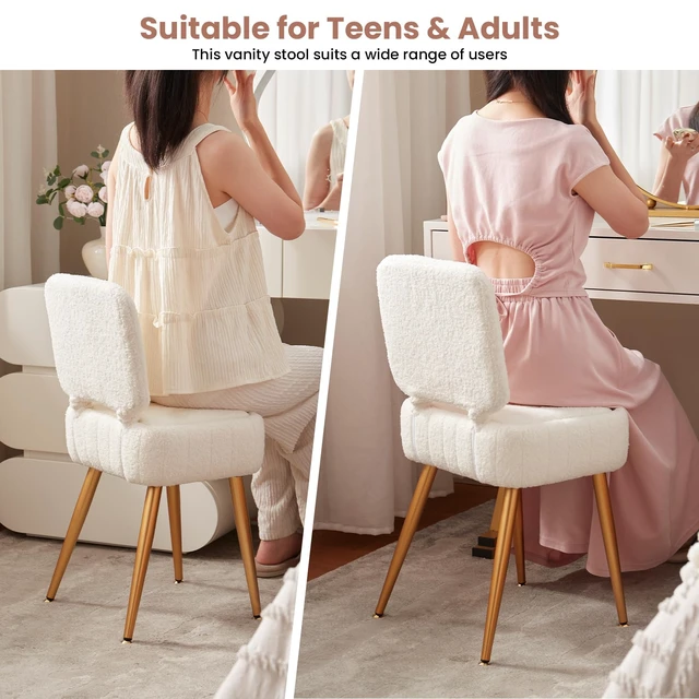 Alt view image 6 of 7 - Vanity Chair with Storage Stool with Folding Back Makeup Chair | Ottoman Seat Teddy Velvet for Dressing Room Living Room Bedroom, 16" x 12.5" ,White