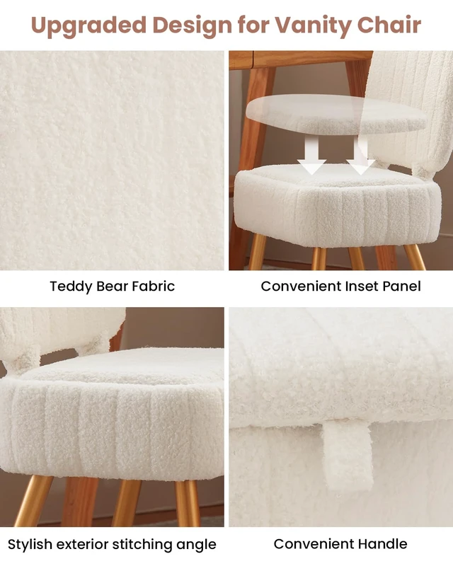Alt view image 7 of 7 - Vanity Chair with Storage Stool with Folding Back Makeup Chair | Ottoman Seat Teddy Velvet for Dressing Room Living Room Bedroom, 16" x 12.5" ,White