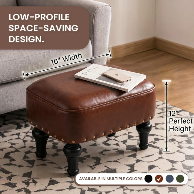 Alt view image 2 of 7 - Ottoman Leather Footrest,Vintage Footstool,Thickened Foam Upholstered Seat,Wooden Leg Foot Rest,Under Desk Shoe Bench Small Bench for Living Room Dining Room(Bronw)
