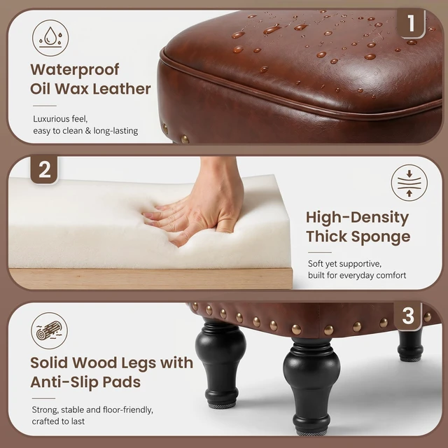Alt view image 4 of 7 - Ottoman Leather Footrest,Vintage Footstool,Thickened Foam Upholstered Seat,Wooden Leg Foot Rest,Under Desk Shoe Bench Small Bench for Living Room Dining Room(Bronw)