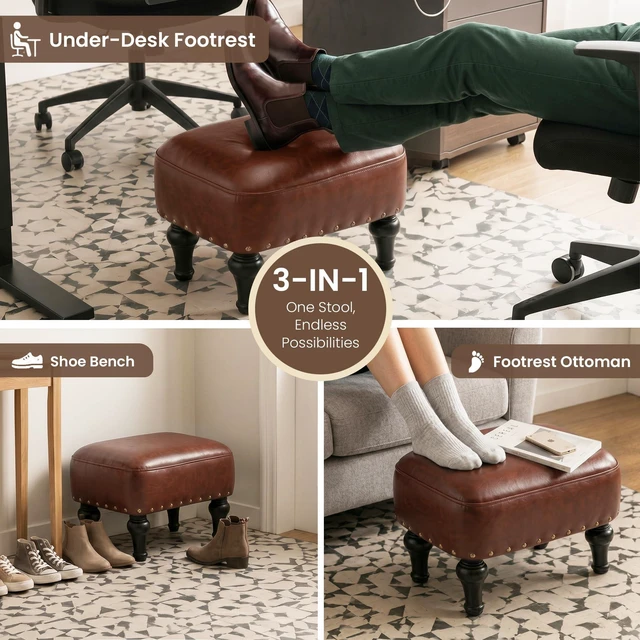 Alt view image 5 of 7 - Ottoman Leather Footrest,Vintage Footstool,Thickened Foam Upholstered Seat,Wooden Leg Foot Rest,Under Desk Shoe Bench Small Bench for Living Room Dining Room(Bronw)