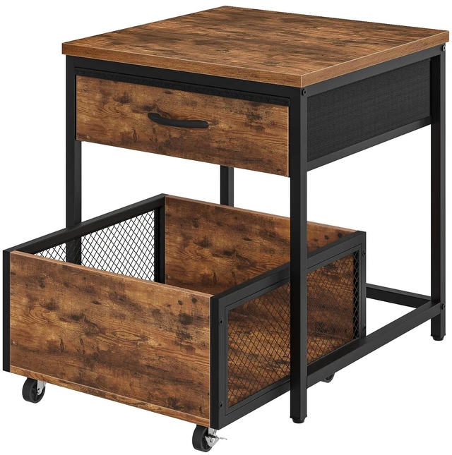 Main image of End Table, 19.7 Inch Square Side Table, Mini Fridge Stand with Storage, Nightstand with Mobile Basket Cart, for Living Room, Bedroom, Rustic Brown and Black TBZ55BF