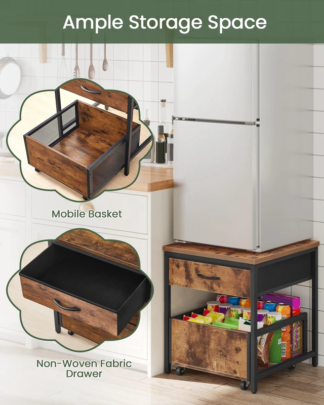 Alt view image 4 of 7 - End Table, 19.7 Inch Square Side Table, Mini Fridge Stand with Storage, Nightstand with Mobile Basket Cart, for Living Room, Bedroom, Rustic Brown and Black TBZ55BF
