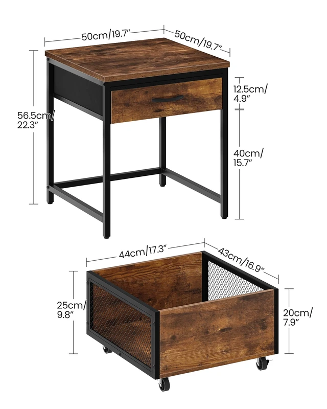 Alt view image 2 of 7 - End Table, 19.7 Inch Square Side Table, Mini Fridge Stand with Storage, Nightstand with Mobile Basket Cart, for Living Room, Bedroom, Rustic Brown and Black TBZ55BF