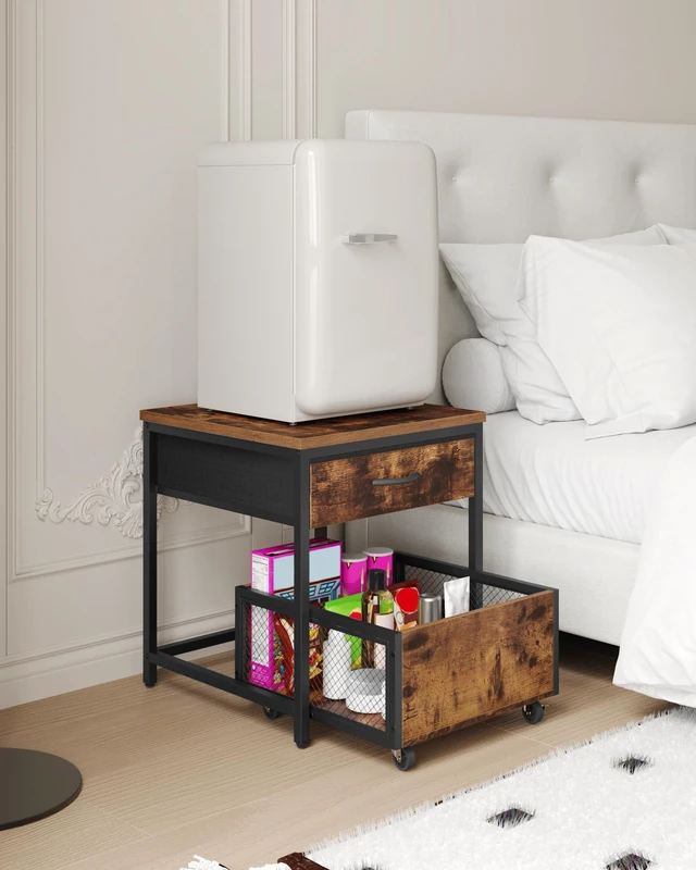 Alt view image 7 of 7 - End Table, 19.7 Inch Square Side Table, Mini Fridge Stand with Storage, Nightstand with Mobile Basket Cart, for Living Room, Bedroom, Rustic Brown and Black TBZ55BF