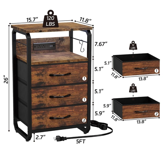 Alt view image 3 of 7 - End Table with LED Light, Charging Station, and Hooks, Rustic Brown | Type-C USB Port & Power Outlets, Fabric Drawers Storage, Industrial Wood Metal Nightstand
