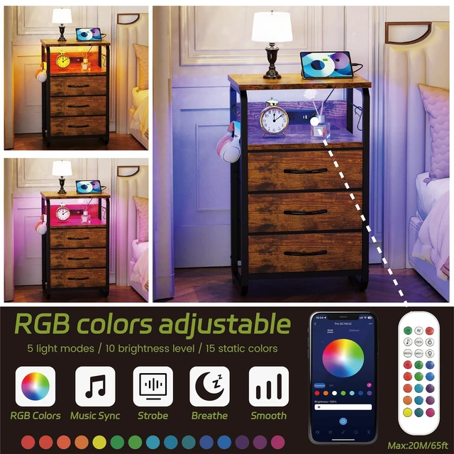 Alt view image 4 of 7 - End Table with LED Light, Charging Station, and Hooks, Rustic Brown | Type-C USB Port & Power Outlets, Fabric Drawers Storage, Industrial Wood Metal Nightstand