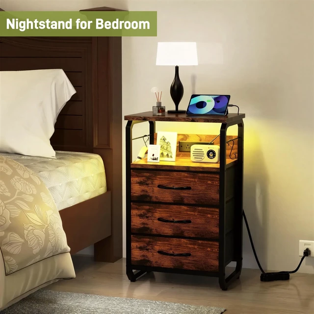 Alt view image 2 of 7 - End Table with LED Light, Charging Station, and Hooks, Rustic Brown | Type-C USB Port & Power Outlets, Fabric Drawers Storage, Industrial Wood Metal Nightstand