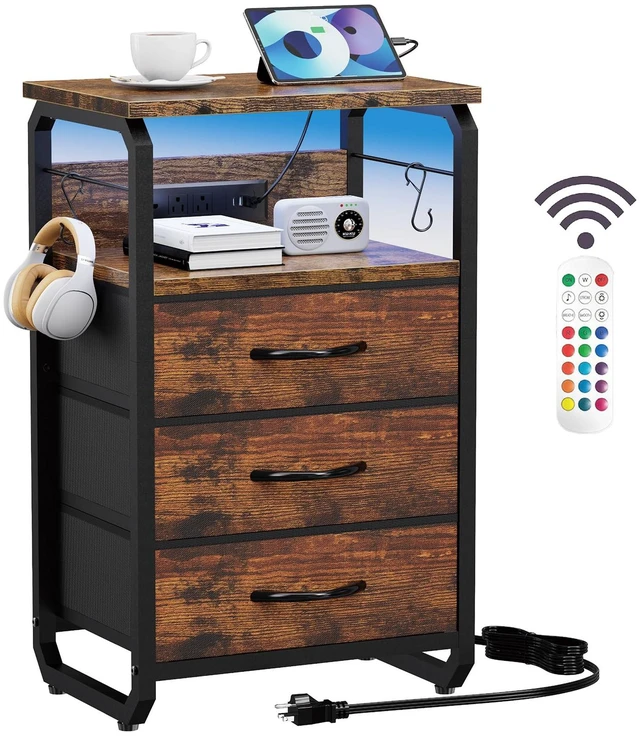 Main image of End Table with LED Light, Charging Station, and Hooks, Rustic Brown | Type-C USB Port & Power Outlets, Fabric Drawers Storage, Industrial Wood Metal Nightstand