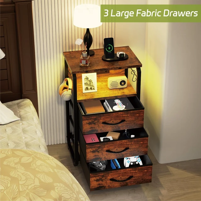 Alt view image 6 of 7 - End Table with LED Light, Charging Station, and Hooks, Rustic Brown | Type-C USB Port & Power Outlets, Fabric Drawers Storage, Industrial Wood Metal Nightstand