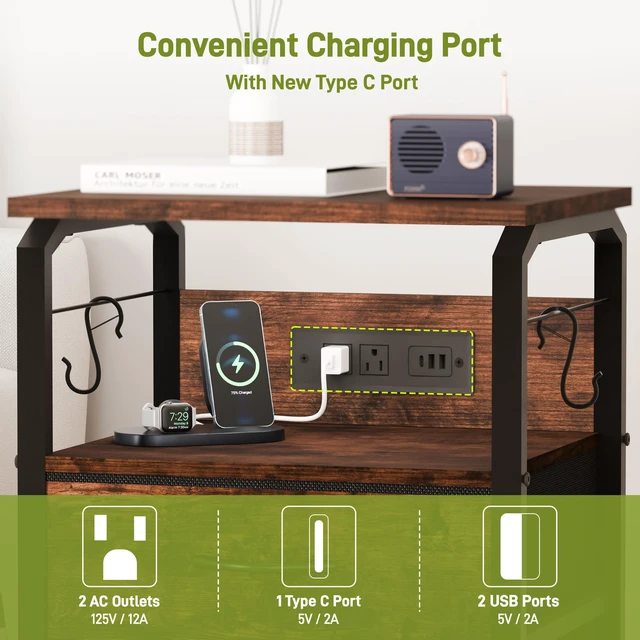 Alt view image 5 of 7 - End Table with LED Light, Charging Station, and Hooks, Rustic Brown | Type-C USB Port & Power Outlets, Fabric Drawers Storage, Industrial Wood Metal Nightstand
