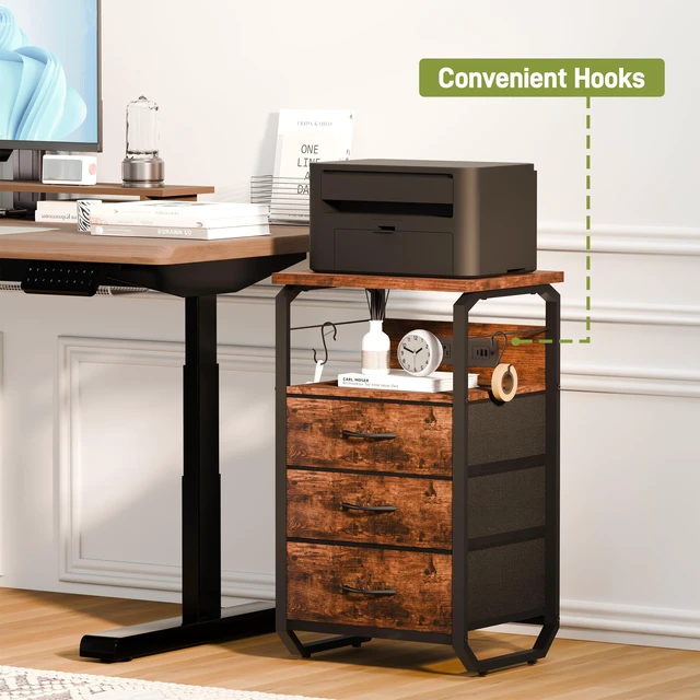 Alt view image 7 of 7 - End Table with LED Light, Charging Station, and Hooks, Rustic Brown | Type-C USB Port & Power Outlets, Fabric Drawers Storage, Industrial Wood Metal Nightstand