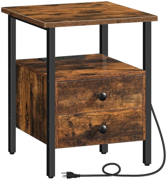 Main image of End Table with Charging Station, Bedside Table with Drawers | USB Port & Type-C Port, Nightstand for Small Spaces, Stable and Sturdy, for Living Room, Bedroom, Rustic Brown BF43UBZ01