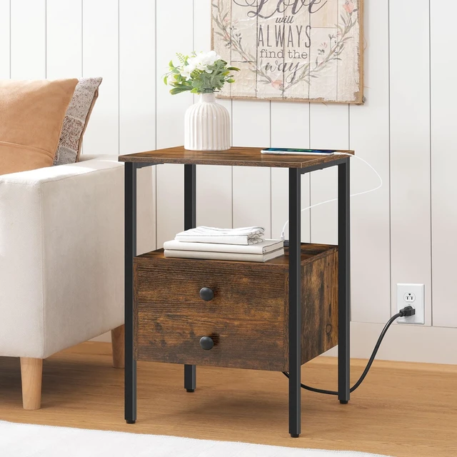 Alt view image 4 of 6 - End Table with Charging Station, Bedside Table with Drawers | USB Port & Type-C Port, Nightstand for Small Spaces, Stable and Sturdy, for Living Room, Bedroom, Rustic Brown BF43UBZ01