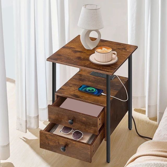Alt view image 3 of 6 - End Table with Charging Station, Bedside Table with Drawers | USB Port & Type-C Port, Nightstand for Small Spaces, Stable and Sturdy, for Living Room, Bedroom, Rustic Brown BF43UBZ01