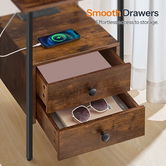 Alt view image 6 of 6 - End Table with Charging Station, Bedside Table with Drawers | USB Port & Type-C Port, Nightstand for Small Spaces, Stable and Sturdy, for Living Room, Bedroom, Rustic Brown BF43UBZ01