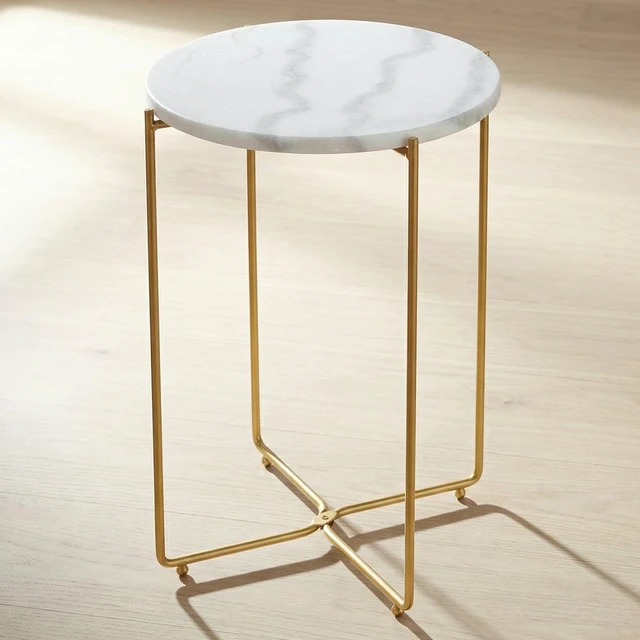 Main image of Real Marble Side Table, No Assembly Required Round End Table for Living Room, 15" Modern Small Accent Bedside Table with Gold Metal Legs, Waterproof Nightstand for Sofa, Bedroom, White