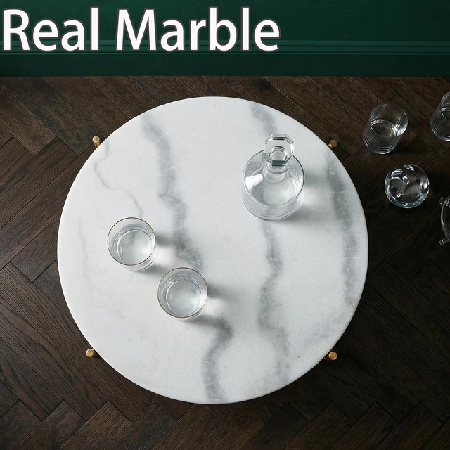 Alt view image 2 of 7 - Real Marble Side Table, No Assembly Required Round End Table for Living Room, 15" Modern Small Accent Bedside Table with Gold Metal Legs, Waterproof Nightstand for Sofa, Bedroom, White