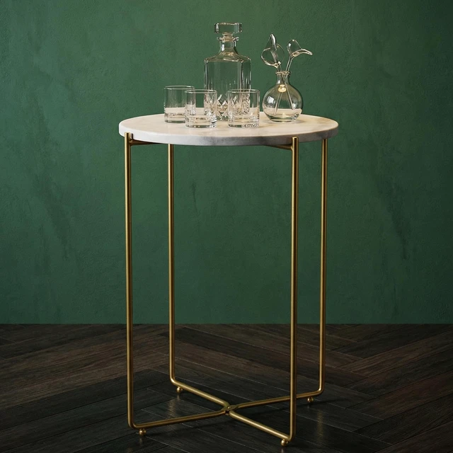 Alt view image 3 of 7 - Real Marble Side Table, No Assembly Required Round End Table for Living Room, 15" Modern Small Accent Bedside Table with Gold Metal Legs, Waterproof Nightstand for Sofa, Bedroom, White