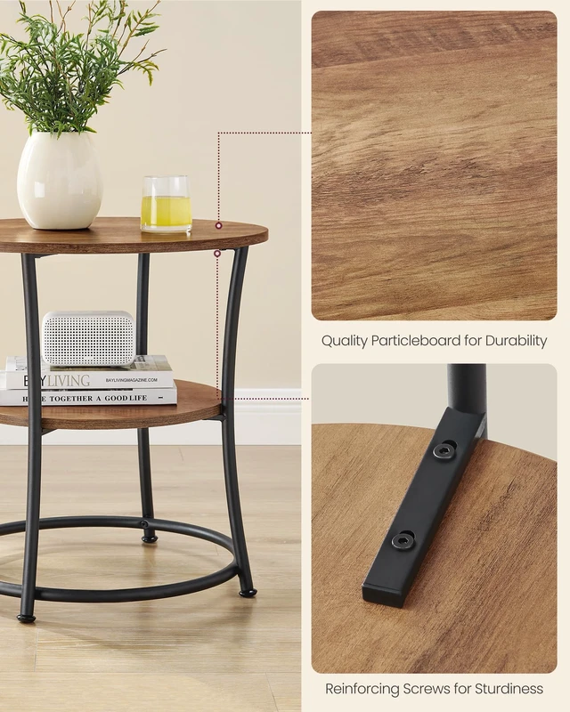 Alt view image 3 of 5 - Side Table, 2-Tier Round End Table with Power Outlets | Nightstand with Steel Frame for Small Spaces, Living Room, Bedroom, Honey Brown and Ink Black, BAMPU Collection ULET077K02
