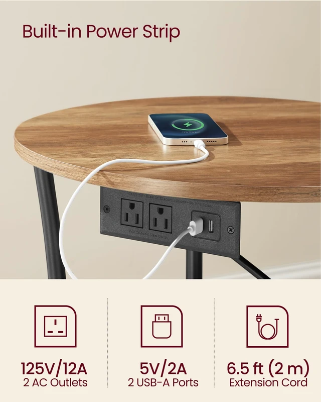 Alt view image 2 of 5 - Side Table, 2-Tier Round End Table with Power Outlets | Nightstand with Steel Frame for Small Spaces, Living Room, Bedroom, Honey Brown and Ink Black, BAMPU Collection ULET077K02