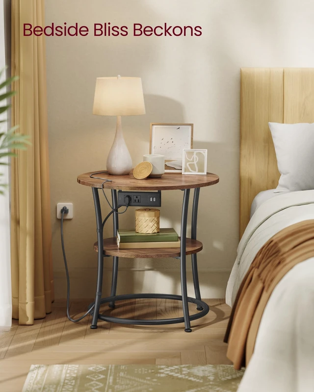 Alt view image 5 of 5 - Side Table, 2-Tier Round End Table with Power Outlets | Nightstand with Steel Frame for Small Spaces, Living Room, Bedroom, Honey Brown and Ink Black, BAMPU Collection ULET077K02