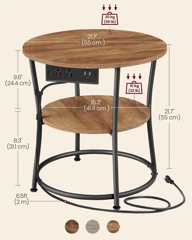 Alt view image 4 of 5 - Side Table, 2-Tier Round End Table with Power Outlets | Nightstand with Steel Frame for Small Spaces, Living Room, Bedroom, Honey Brown and Ink Black, BAMPU Collection ULET077K02