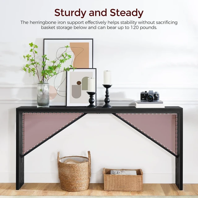Alt view image 4 of 7 - Console Table, 62.2"Long Sofa Table Behind Couch, Black CTHB15801 | Black Entryway Table, Modern Design, Angled Metal Frame, Long Wall Sofa Table, Industrial, for Hallway, Foyer, Living Room