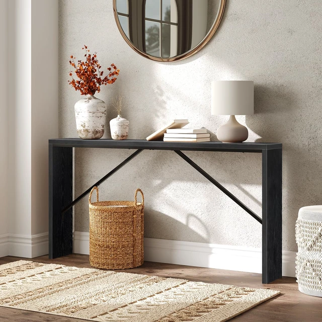 Alt view image 3 of 7 - Console Table, 62.2"Long Sofa Table Behind Couch, Black CTHB15801 | Black Entryway Table, Modern Design, Angled Metal Frame, Long Wall Sofa Table, Industrial, for Hallway, Foyer, Living Room