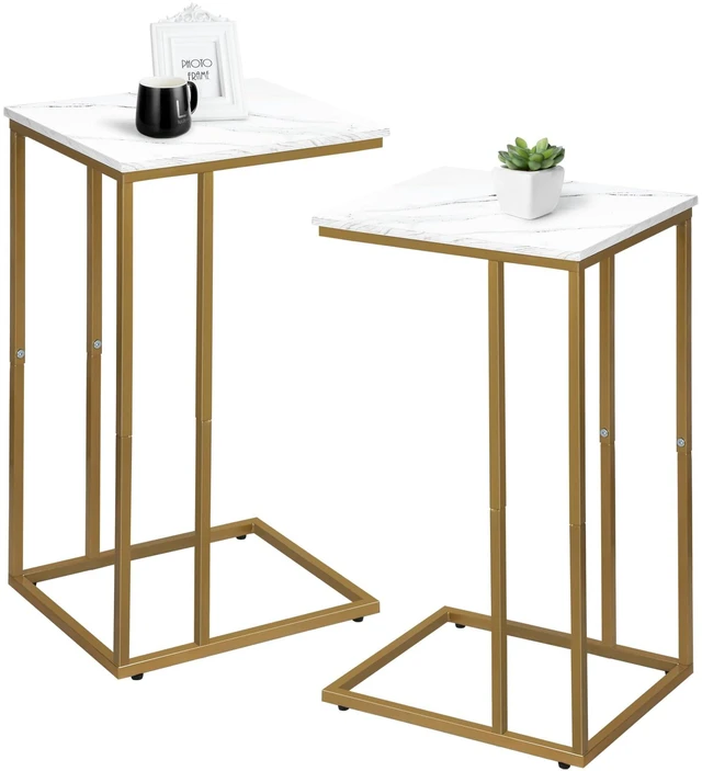 Main image of C Shaped End Table Set of 2, Small Side Table for Sofa and Bed, Couch Tables That Slide Under, Snack Side Table for Living Room, Bedroom, White Faux Marble and Gold