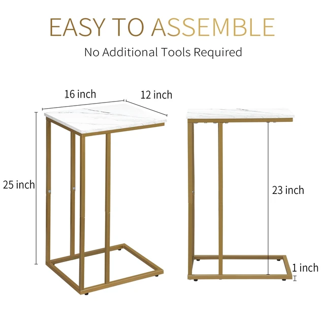 Alt view image 2 of 7 - C Shaped End Table Set of 2, Small Side Table for Sofa and Bed, Couch Tables That Slide Under, Snack Side Table for Living Room, Bedroom, White Faux Marble and Gold