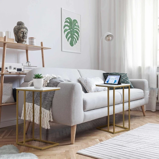 Alt view image 3 of 7 - C Shaped End Table Set of 2, Small Side Table for Sofa and Bed, Couch Tables That Slide Under, Snack Side Table for Living Room, Bedroom, White Faux Marble and Gold
