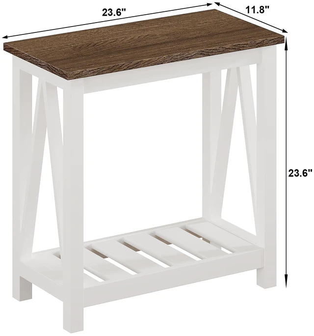 Alt view image 2 of 7 - Farmhouse End Table, Narrow Side Table with Shelf | Slim Bedside Table ,Small Spaces, Rustic Nightstand, Living Room, Bedroom ,White