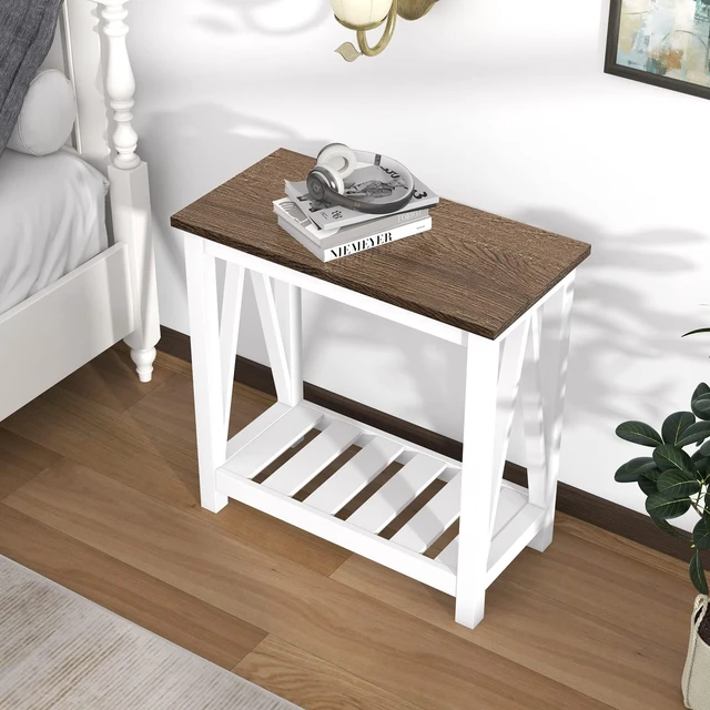 Alt view image 3 of 7 - Farmhouse End Table, Narrow Side Table with Shelf | Slim Bedside Table ,Small Spaces, Rustic Nightstand, Living Room, Bedroom ,White
