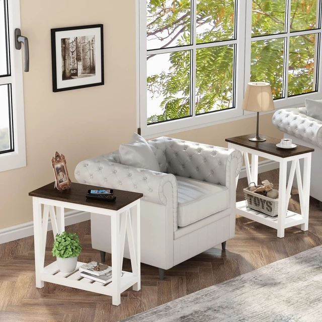 Alt view image 4 of 7 - Farmhouse End Table, Narrow Side Table with Shelf | Slim Bedside Table ,Small Spaces, Rustic Nightstand, Living Room, Bedroom ,White