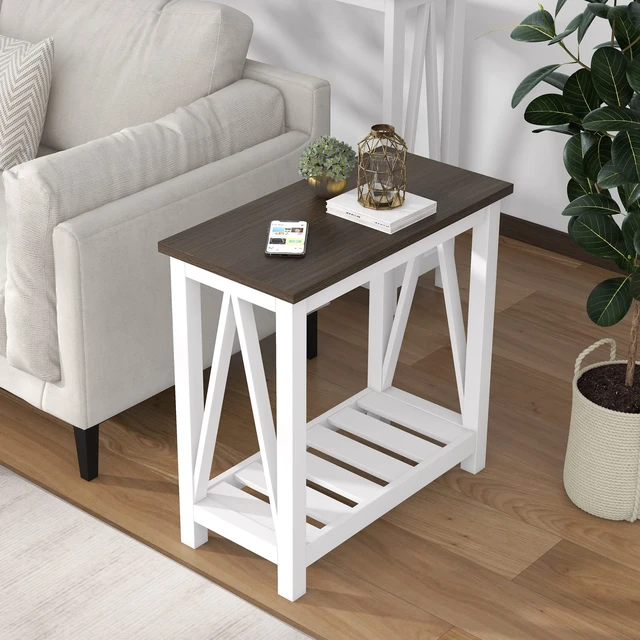 Alt view image 5 of 7 - Farmhouse End Table, Narrow Side Table with Shelf | Slim Bedside Table ,Small Spaces, Rustic Nightstand, Living Room, Bedroom ,White