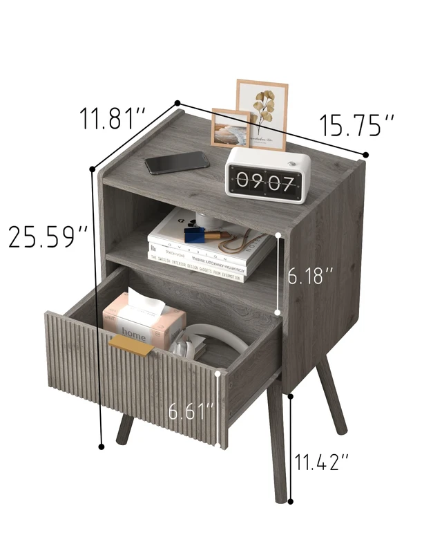 Alt view image 2 of 7 - Nightstand,Modern Bedside Table with Storage Drawer and Open Wood Shelf, for Living Room, Bedroom and Small Spaces, Accent Night Stand with Solid Wood Legs, Easy Assembly,Grey Oak