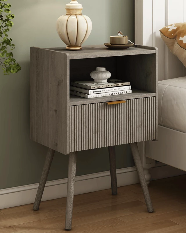 Main image of Nightstand,Modern Bedside Table with Storage Drawer and Open Wood Shelf, for Living Room, Bedroom and Small Spaces, Accent Night Stand with Solid Wood Legs, Easy Assembly,Grey Oak