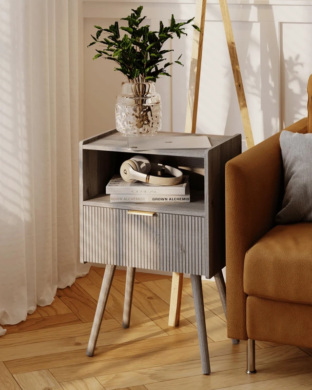 Alt view image 4 of 7 - Nightstand,Modern Bedside Table with Storage Drawer and Open Wood Shelf, for Living Room, Bedroom and Small Spaces, Accent Night Stand with Solid Wood Legs, Easy Assembly,Grey Oak