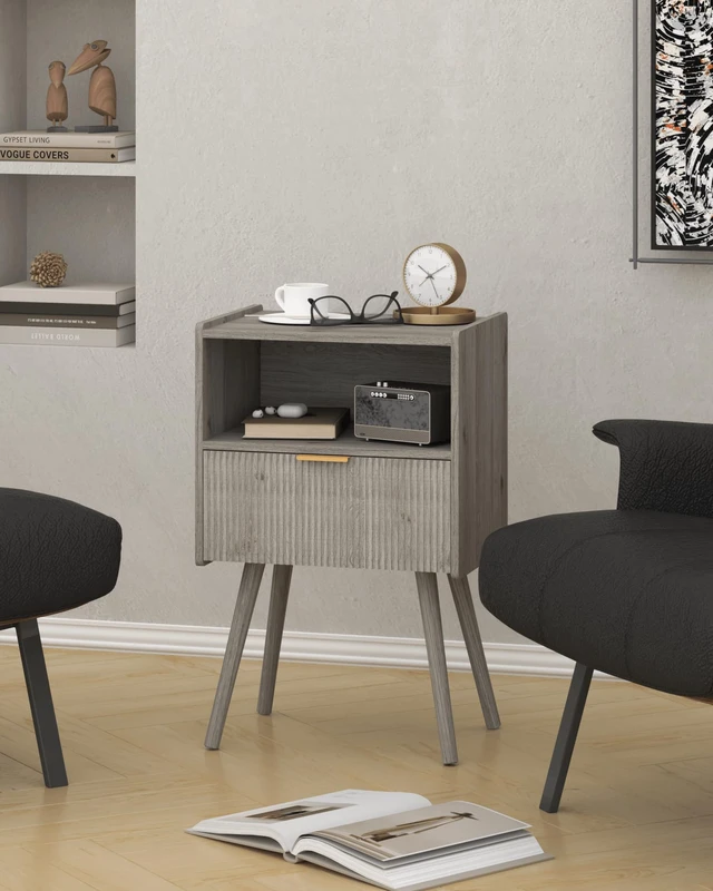 Alt view image 7 of 7 - Nightstand,Modern Bedside Table with Storage Drawer and Open Wood Shelf, for Living Room, Bedroom and Small Spaces, Accent Night Stand with Solid Wood Legs, Easy Assembly,Grey Oak