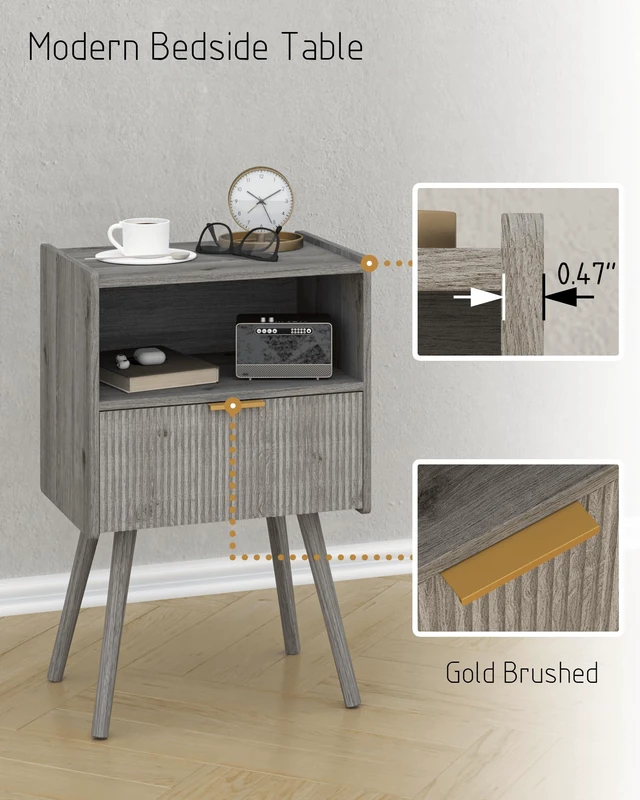Alt view image 6 of 7 - Nightstand,Modern Bedside Table with Storage Drawer and Open Wood Shelf, for Living Room, Bedroom and Small Spaces, Accent Night Stand with Solid Wood Legs, Easy Assembly,Grey Oak