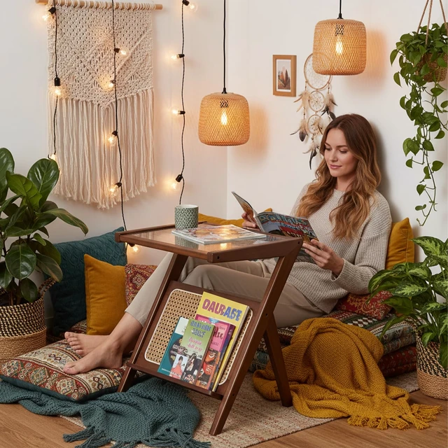 Alt view image 3 of 7 - Brown Rattan Nightstand, Bamboo Side Table with Glass Top and Storage | Boho-Inspired Design, Compact Footprint Keeps Lamps, Books and Decor Close in Living Rooms, Bedrooms and Small Spaces