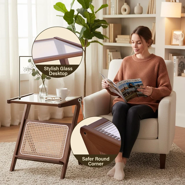 Alt view image 4 of 7 - Brown Rattan Nightstand, Bamboo Side Table with Glass Top and Storage | Boho-Inspired Design, Compact Footprint Keeps Lamps, Books and Decor Close in Living Rooms, Bedrooms and Small Spaces