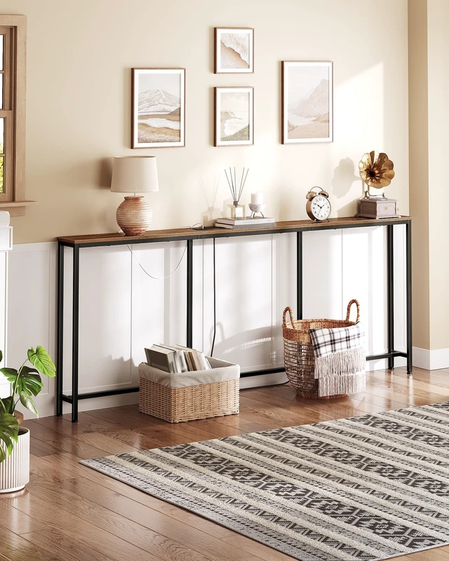 Alt view image 2 of 7 - 78.7'' Narrow Console Table with Power Outlet 7.1" Skinny Sofa Table, Long Behind Couch Table with Charging Station, Entryway Table for Hallway, Living Room Rustic Brown and Black TXG20UBF