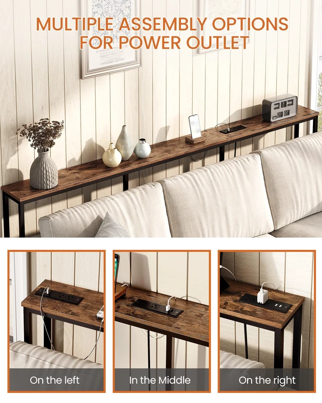 Alt view image 7 of 7 - 78.7'' Narrow Console Table with Power Outlet 7.1" Skinny Sofa Table, Long Behind Couch Table with Charging Station, Entryway Table for Hallway, Living Room Rustic Brown and Black TXG20UBF