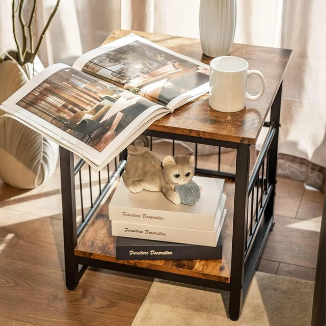 Alt view image 2 of 7 - End Table, Industrial Side Table with 2-Tire Storage Shelf, 180LBS Mini Fridge Stand with Adjustable Feet, 18"x18" Wood Night Stand Small Bedside Table with Sturdy Metal Frame for Living Room Bedroom
