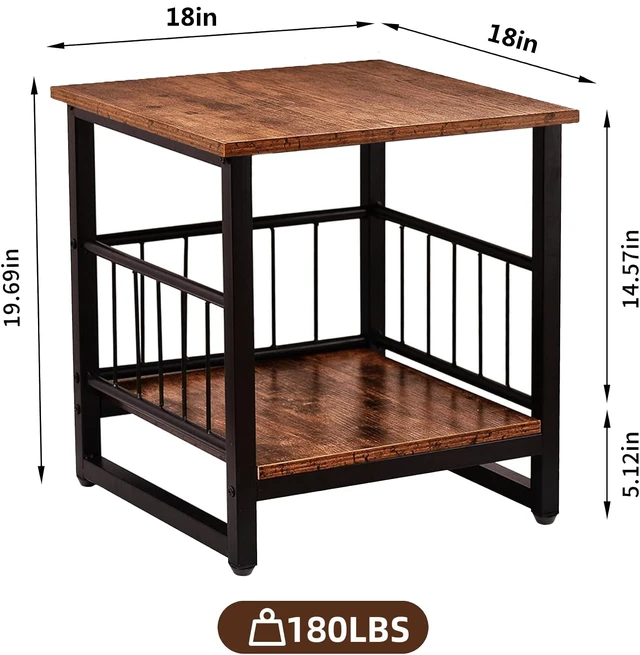 Alt view image 3 of 7 - End Table, Industrial Side Table with 2-Tire Storage Shelf, 180LBS Mini Fridge Stand with Adjustable Feet, 18"x18" Wood Night Stand Small Bedside Table with Sturdy Metal Frame for Living Room Bedroom
