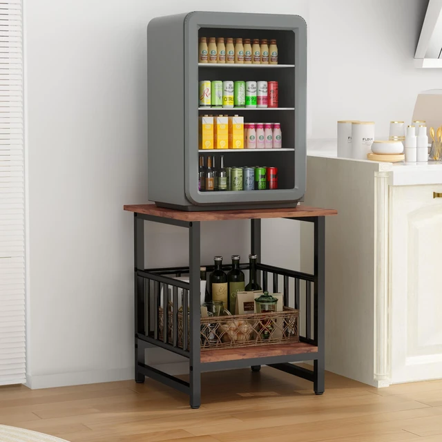 Alt view image 5 of 7 - End Table, Industrial Side Table with 2-Tire Storage Shelf, 180LBS Mini Fridge Stand with Adjustable Feet, 18"x18" Wood Night Stand Small Bedside Table with Sturdy Metal Frame for Living Room Bedroom