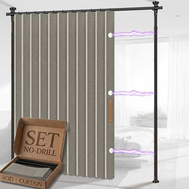 Main image of Privacy Curtains for Room Divider with Blackout & Soundproof (Grey, W100 x L84 in, 1 Panel)+ No Drill Curtain Rods(H) 43-120×(W) 35-100 in, Wall Divider for Bedroom/Studio/Office Curtain